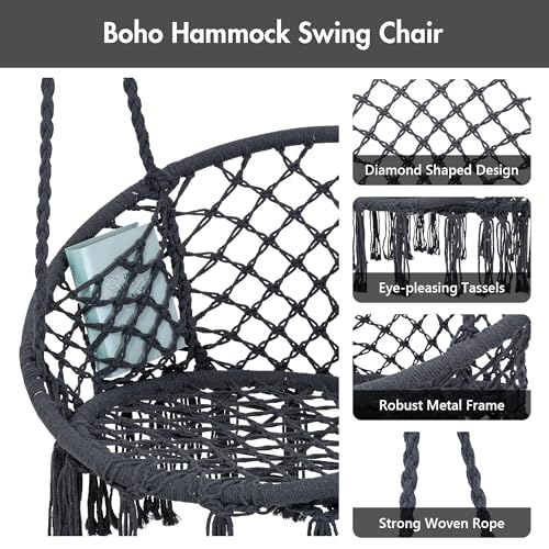 Macrame Hammock Chair with Stand, Heavy Duty Hanging Chair Stand, Includes Seat Cushion, Max 400 Lbs, Natural F25357