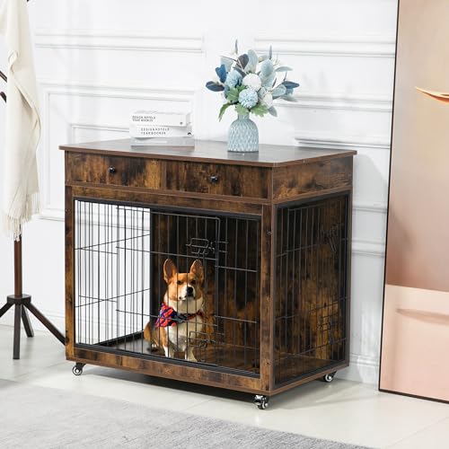 Grey 31.7" L×23.2" W×33" H Wooden Dog Crate with 2 Drawers Q75603