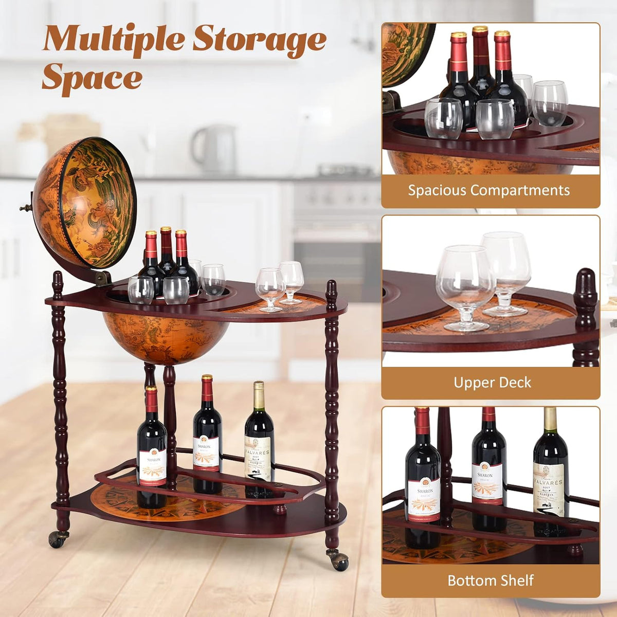 34.5’’ Wine Bar Cart with Wheels, 2 Storage Shelves, Wood Liquor Cabinet U90122