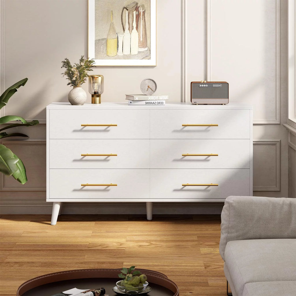 White 6 Drawer Dresser with Gold Handles B68542
