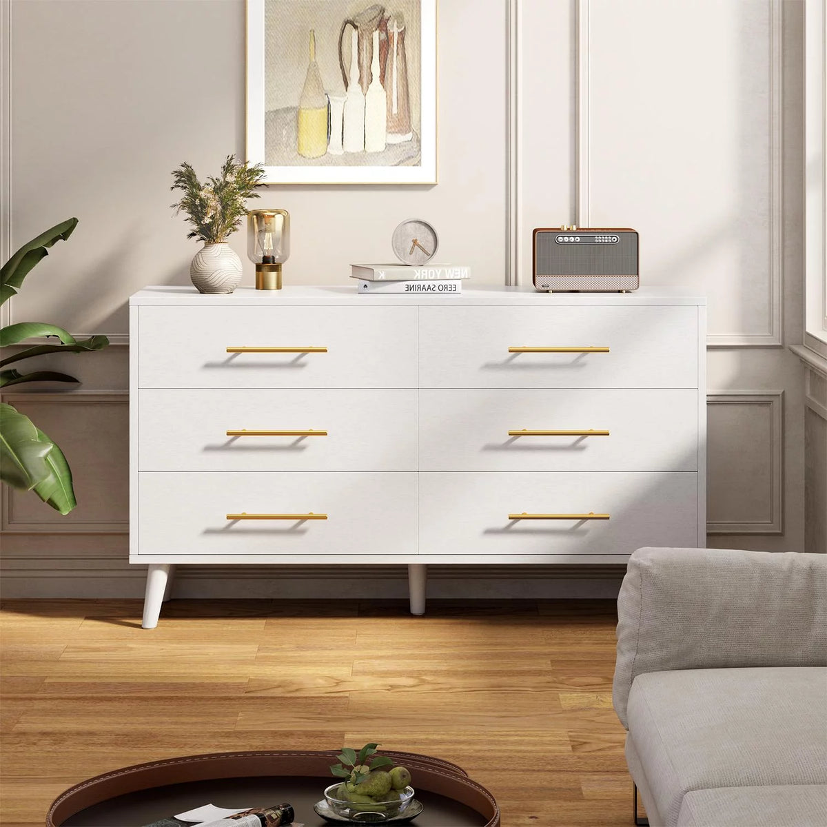 White 6 Drawer Dresser with Gold Handles B68542