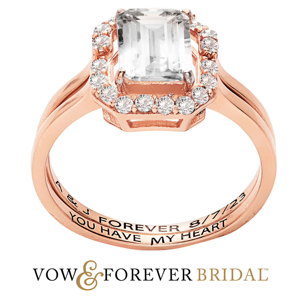 14K Rose Gold over Sterling Silver Emerald Cut White Topaz 2 Piece Wedding Set P9727
