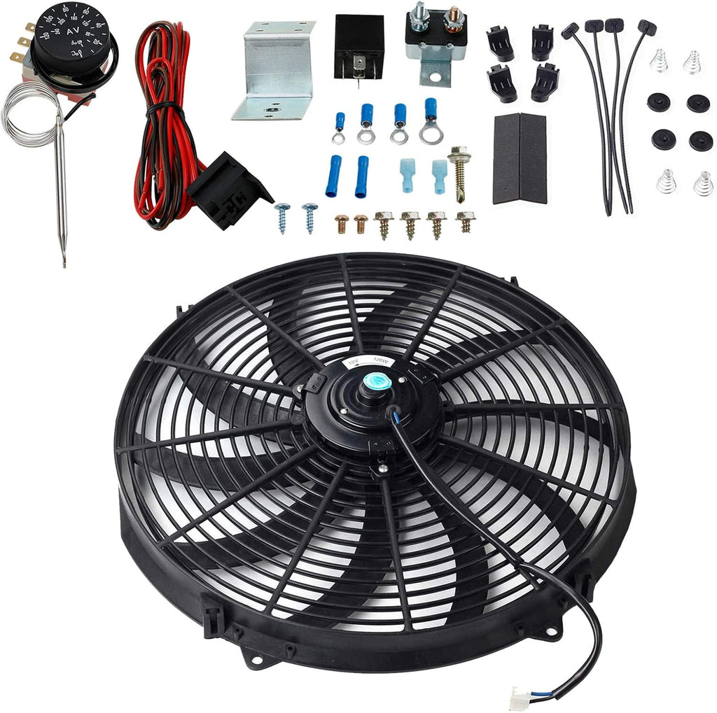 16" Slim Push Pull 12V Electric Radiator Cooling Fan with Thermostat Control Relay Wire Kit Pack of 2 J302
