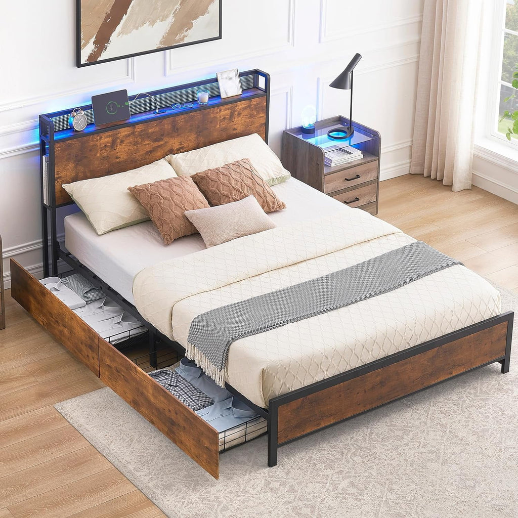 Queen Bed Frame with Storage Drawers and Charging Station U252510