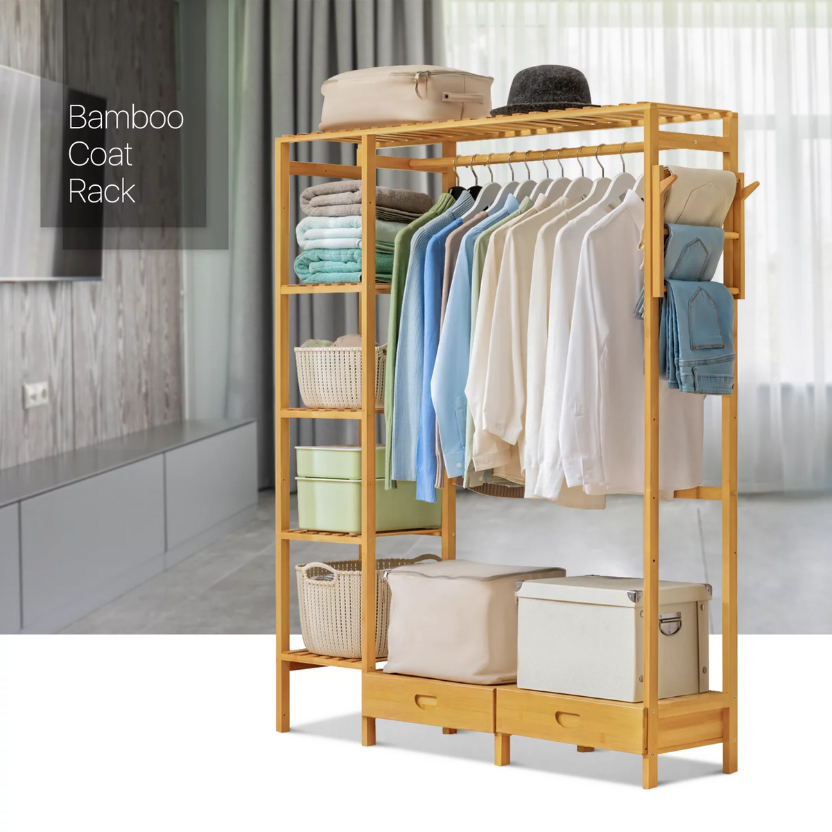 Bamboo 2 Drawers Coat Pants Rack Wardrobe V2788