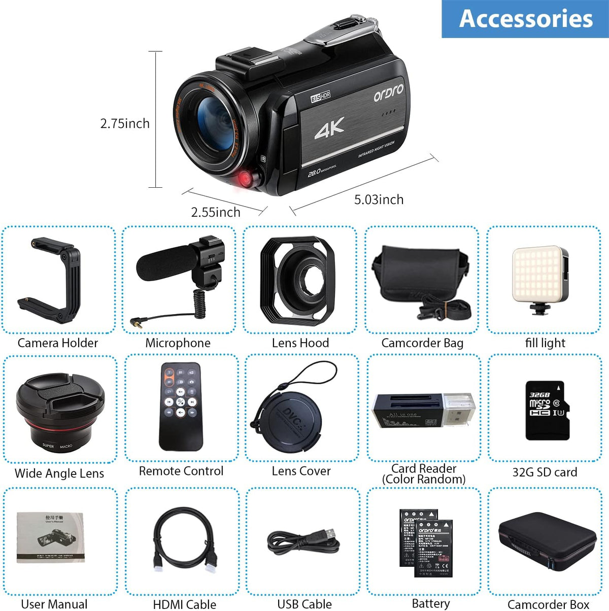 4K 1080P 60FPS Video Camcorder with 30X Zoom Infrared Night Vision Q82459