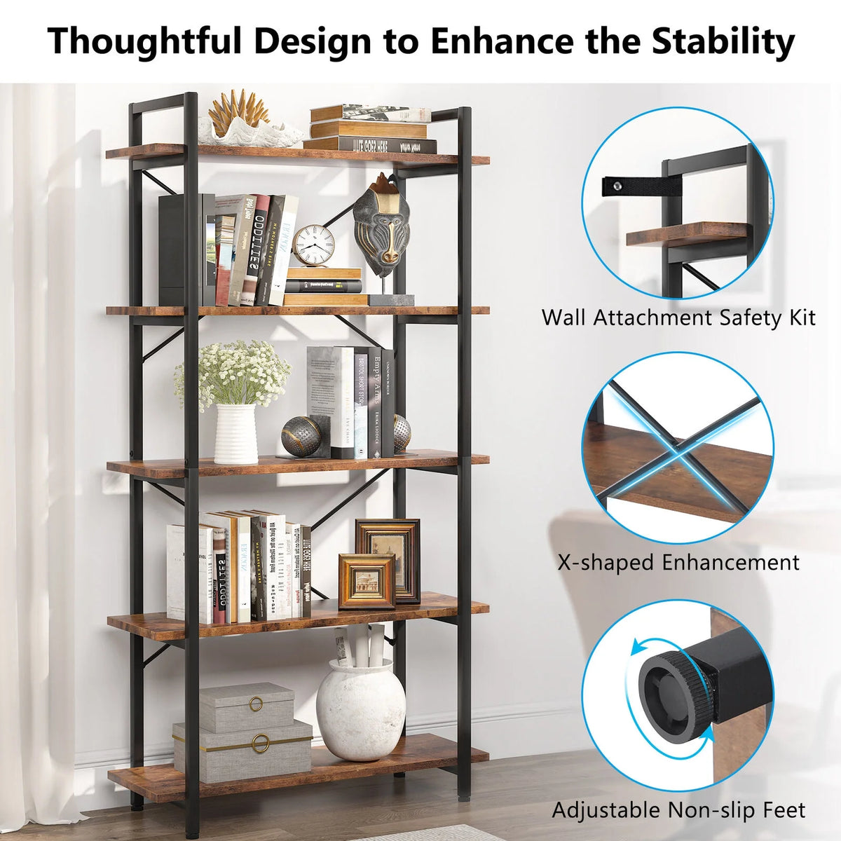 5 Tier Rustic Brown Bookcase U32966