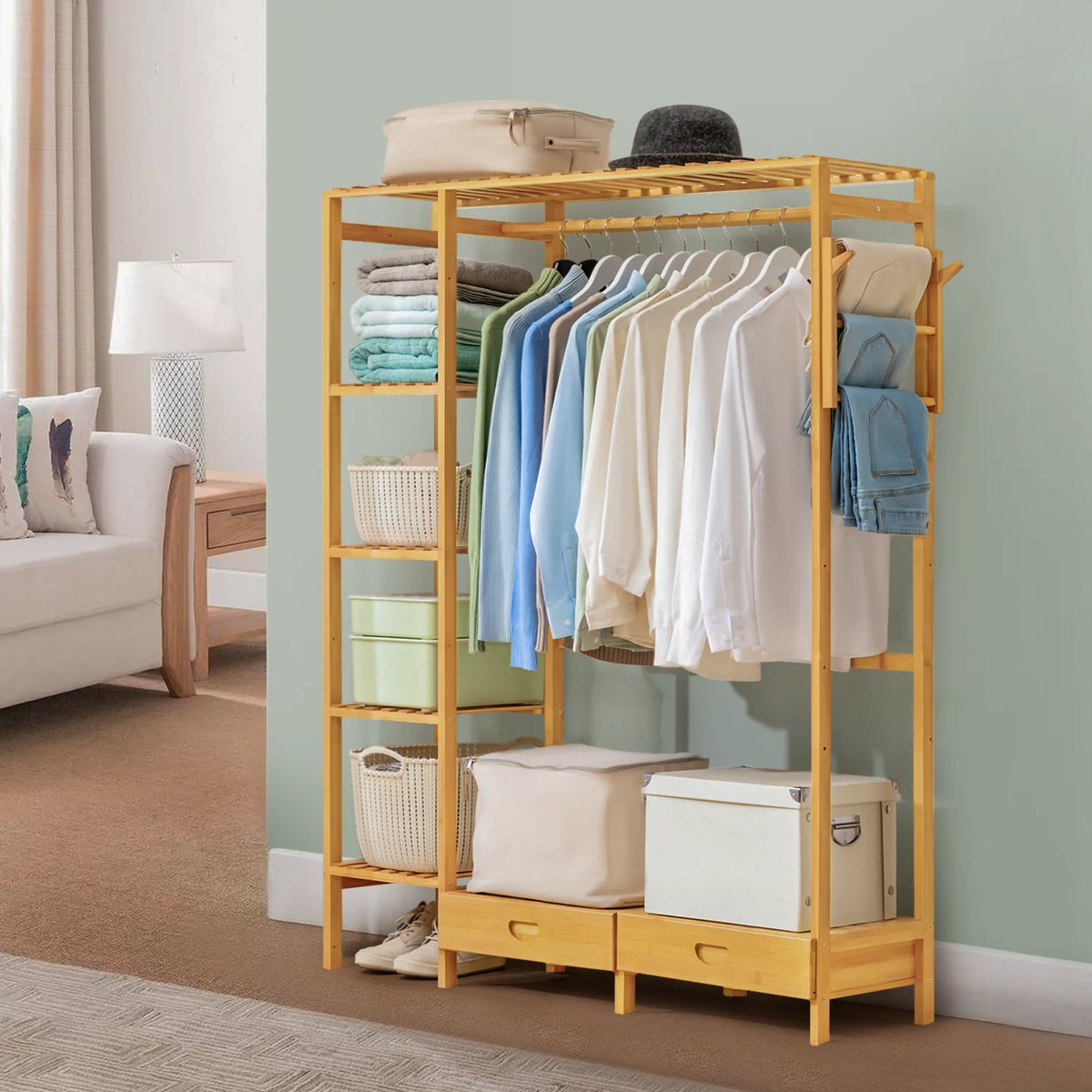Bamboo 2 Drawers Coat Pants Rack Wardrobe V2788
