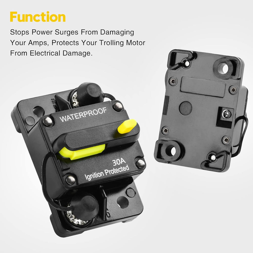 30 Amp Circuit Breaker, Inline Fuse Inverter with Manual Reset, 12V-48V DC Water Proof, Surface Mount-30A, Pack of 2 E778