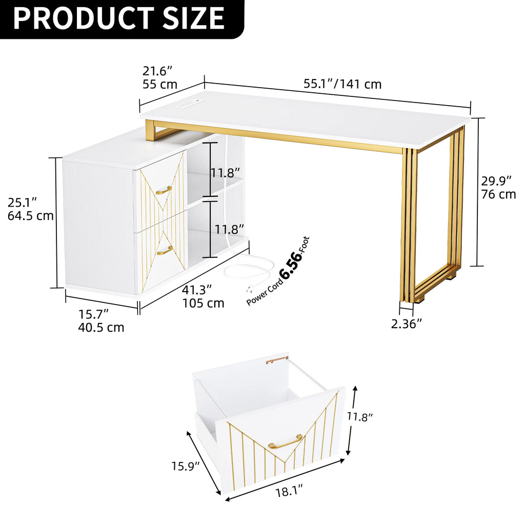 White 55 Inch L Shaped Corner Desk with Drawers and Storage Shelves T977199