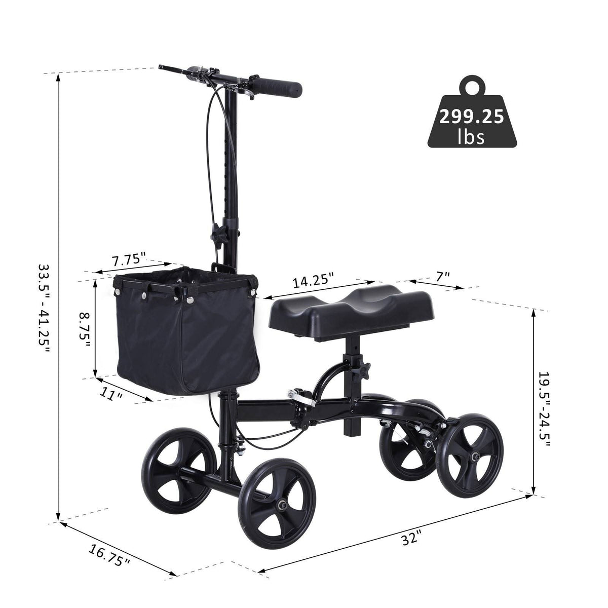 Black Foldable Knee Walker Scooter with Basket C9095