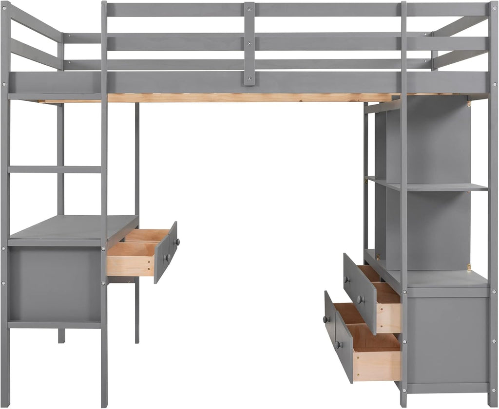 Full Size Solid Wood Loft Bed with Desk and 2 Drawers, Grey Q221564