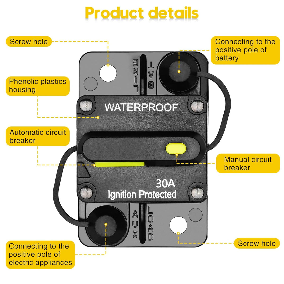 30 Amp Circuit Breaker, Inline Fuse Inverter with Manual Reset, 12V-48V DC Water Proof, Surface Mount-30A, Pack of 2 E778