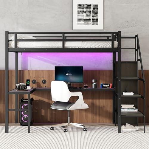 Full XL Size Black Metal Loft Bed with L-Shaped Desk and Stairs P58160