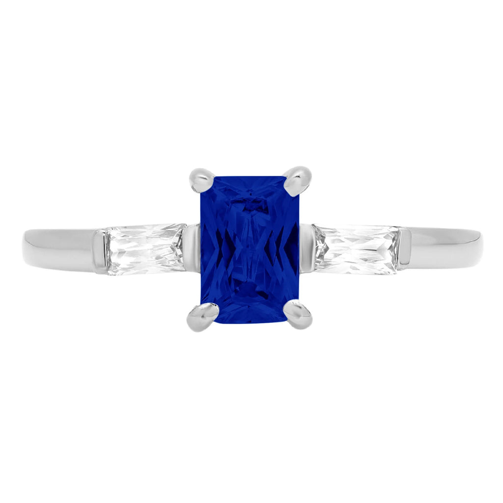 0.8ct Emerald Cut Blue Sapphire 18k White Gold 3 Stone Ring U990
