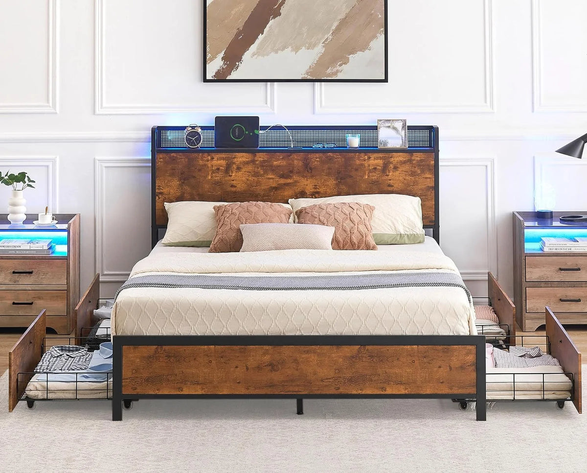 Queen Bed Frame with Storage Drawers and Charging Station U252510