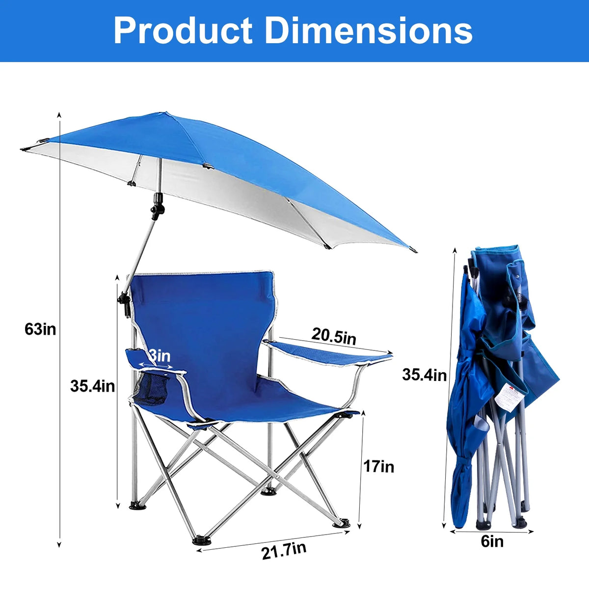 Blue Foldable Beach Chair with Detachable Umbrella Cup Holder Carry Bag N7143