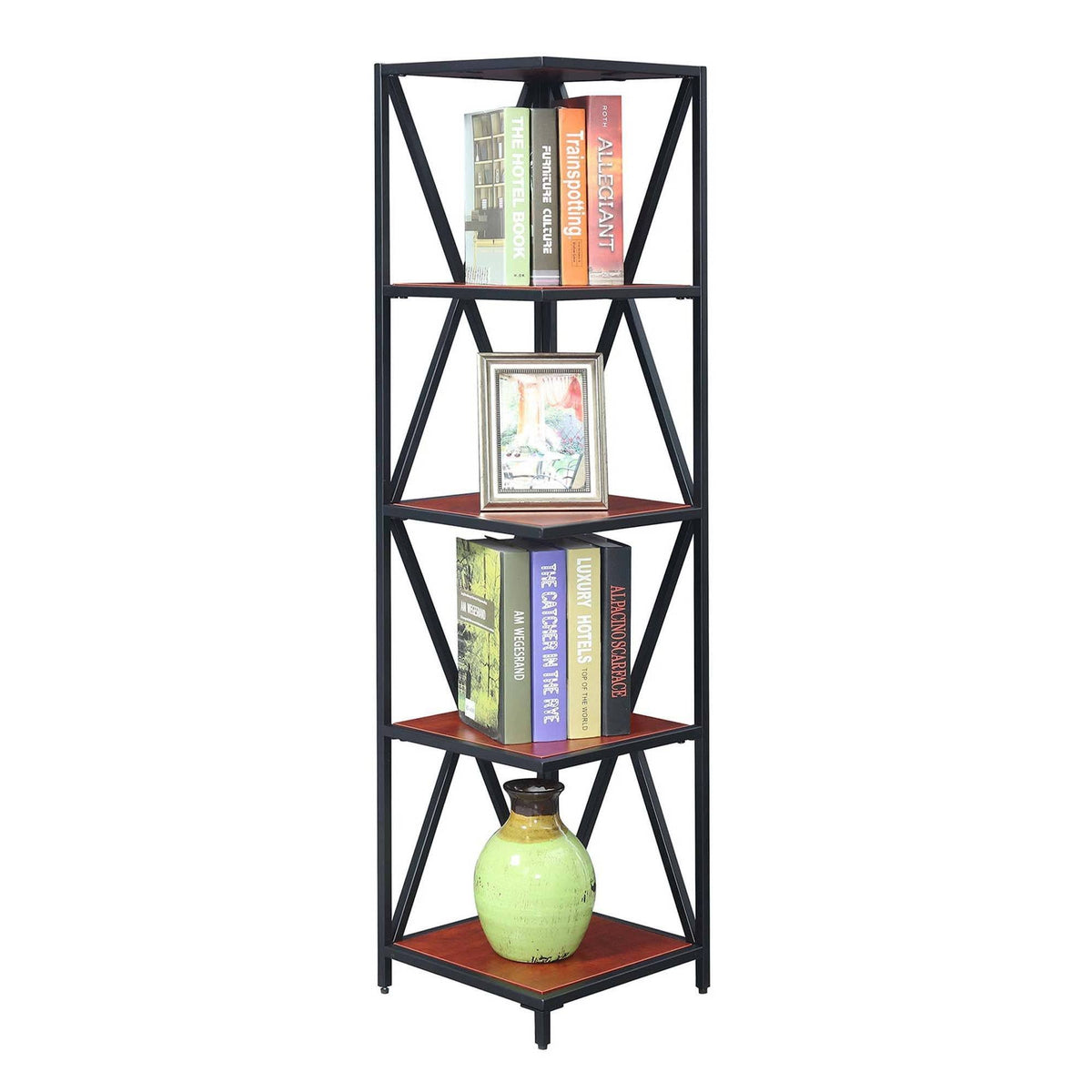 Cherry/Black Metal 5 Tier Corner Bookcase M42832