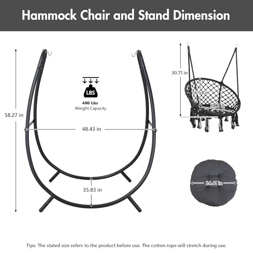 Macrame Hammock Chair with Stand, Heavy Duty Hanging Chair Stand, Includes Seat Cushion, Max 400 Lbs, Natural F25357