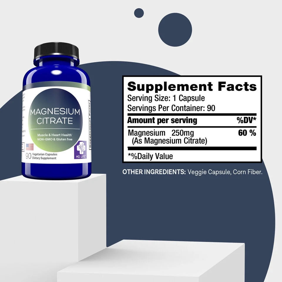 90 Capsules Magnesium Citrate Supplement 250 mg F39020