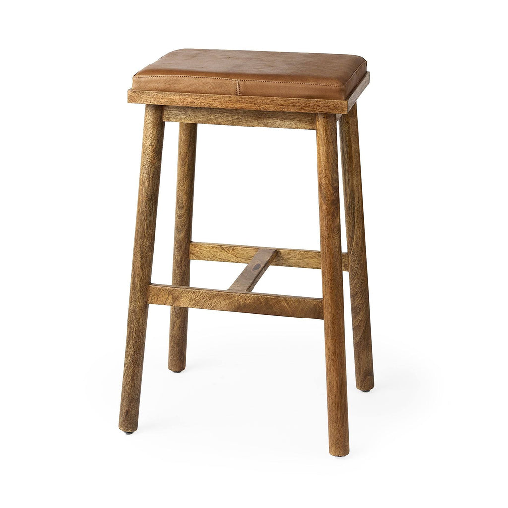 Cognac Brown Leather Medium Brown Wood Bar Stool T229