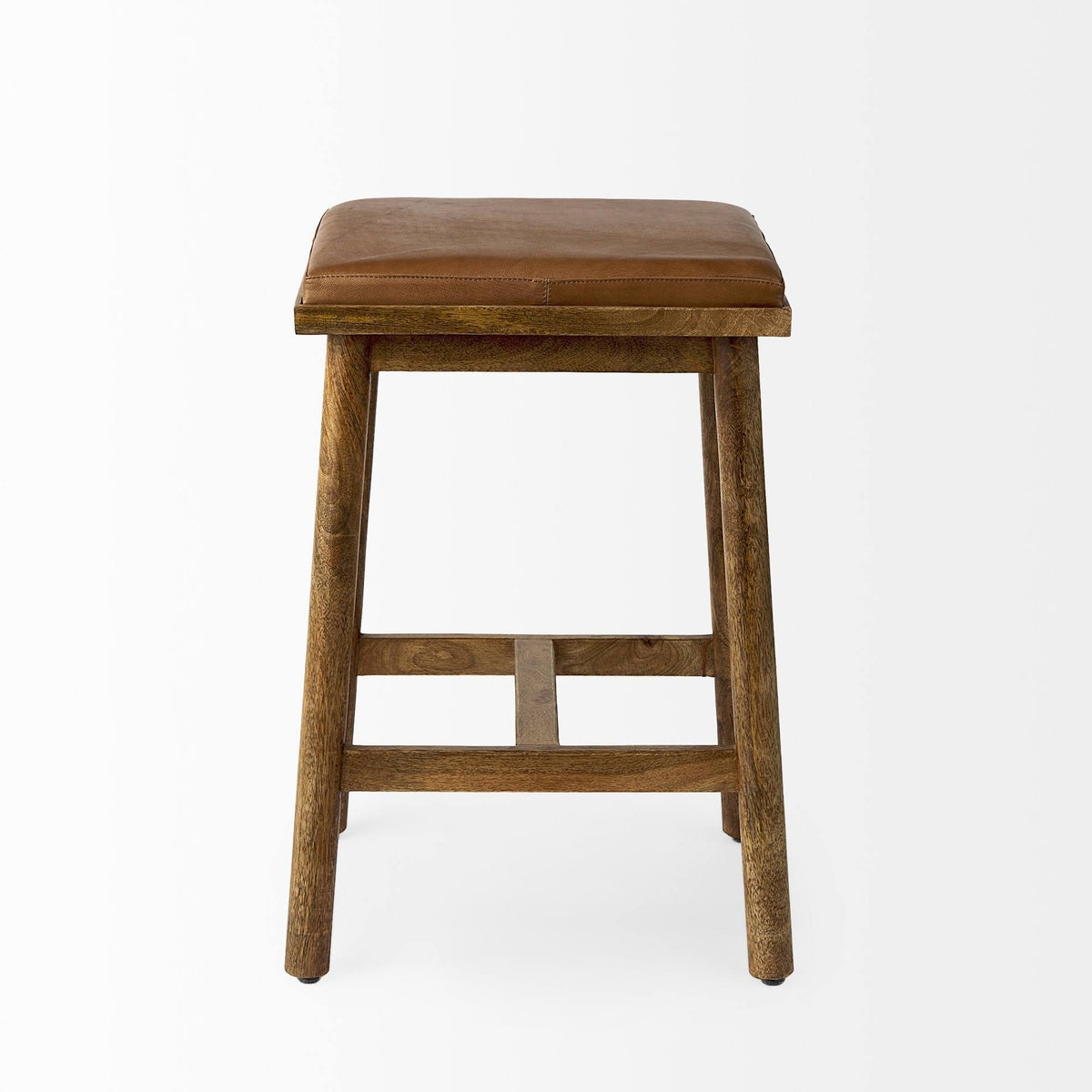 Cognac Brown Leather Medium Brown Wood Bar Stool T229