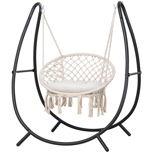 Macrame Hammock Chair with Stand, Heavy Duty Hanging Chair Stand, Includes Seat Cushion, Max 400 Lbs, Natural F25357
