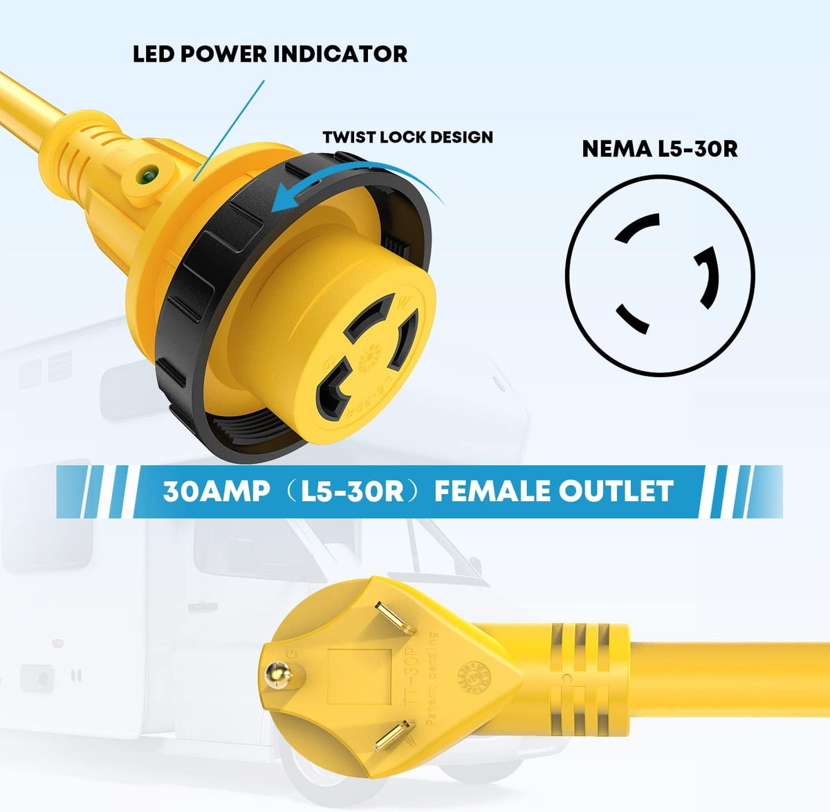 30 Amp RV Power Extension Cord 50 ft with Locking Adapter O844042