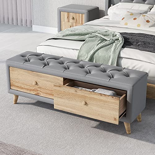 Gray Upholstered Wooden Storage Ottoman Bench with 2 Drawers D9325