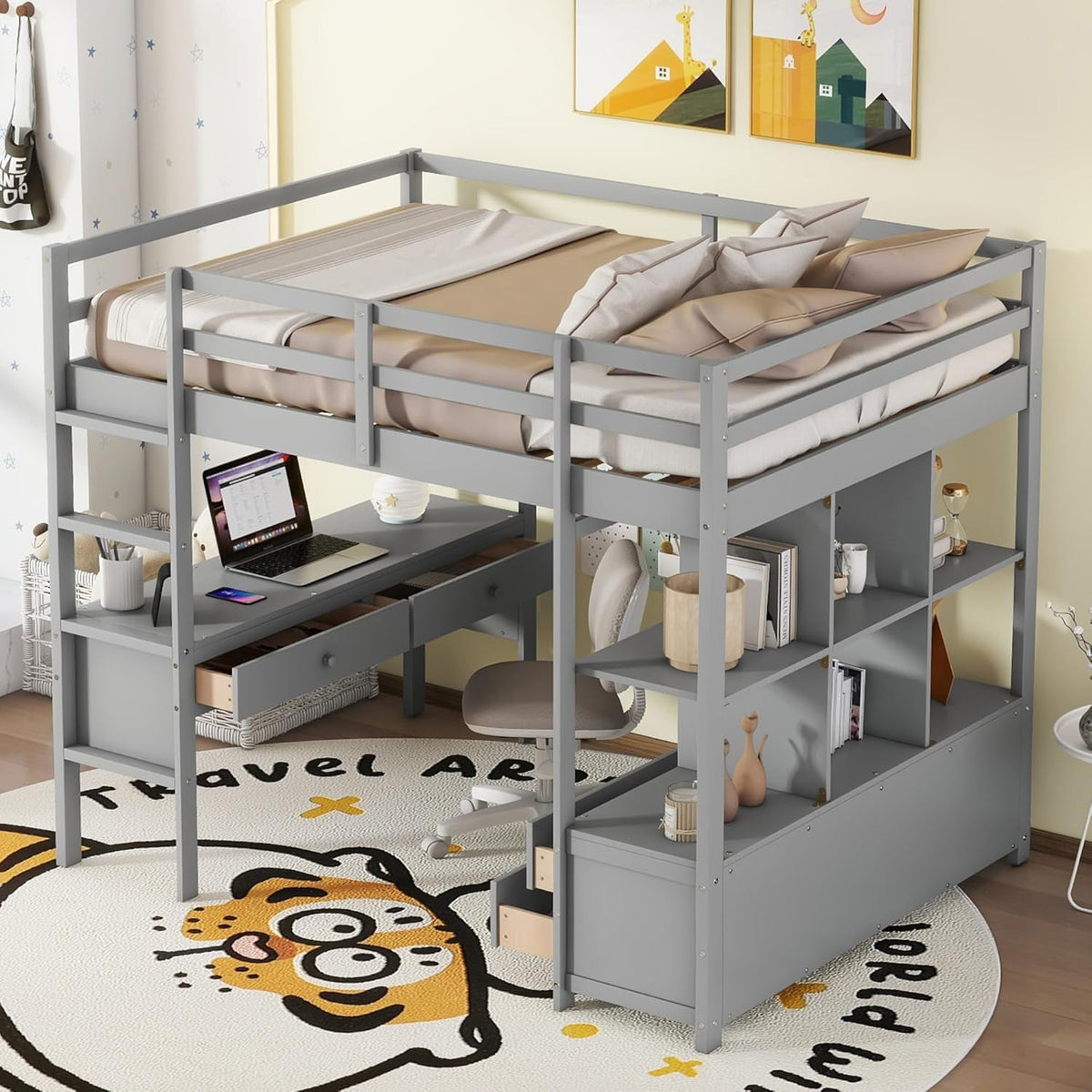 Full Size Solid Wood Loft Bed with Desk and 2 Drawers, Grey Q221564