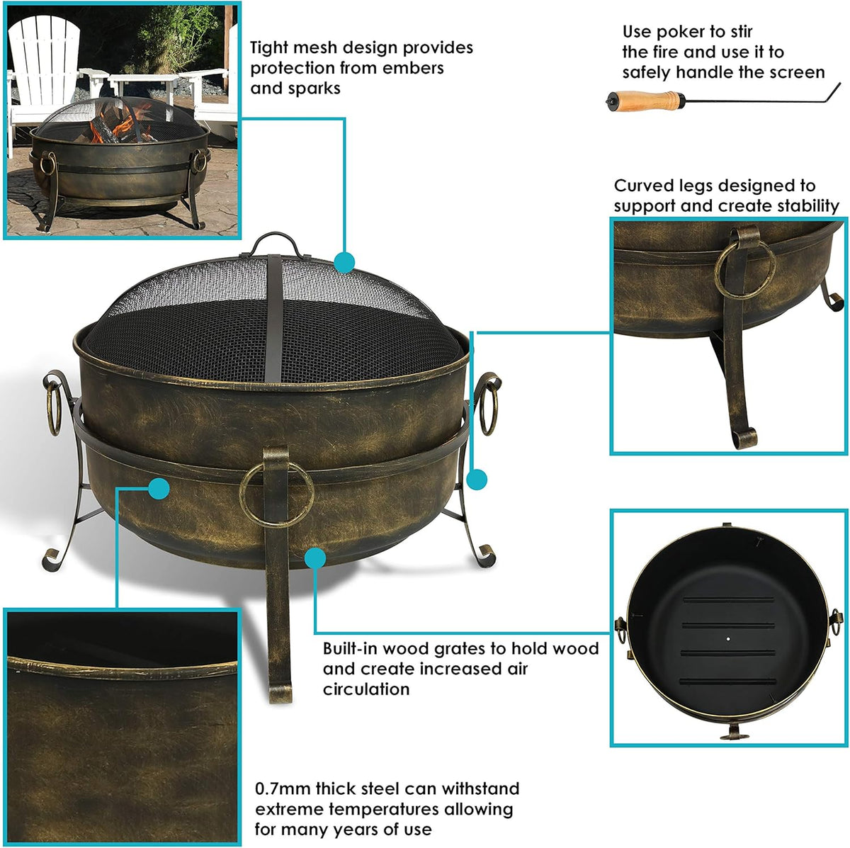 34 Inch Wood Burning Outdoor Fire Pit with Spark Screen and Poker I814229