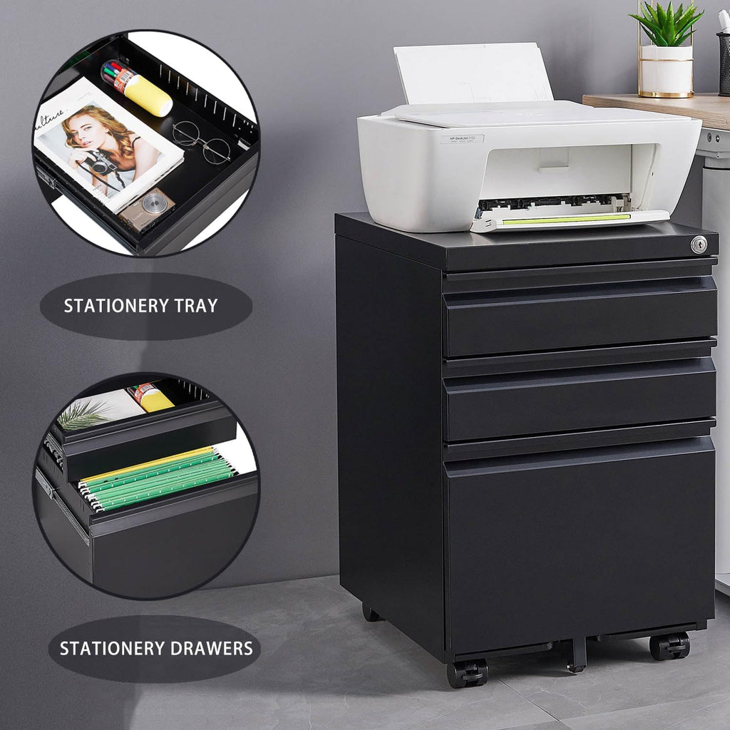 Black Steel 3-Drawer Rolling File Cabinet M48129