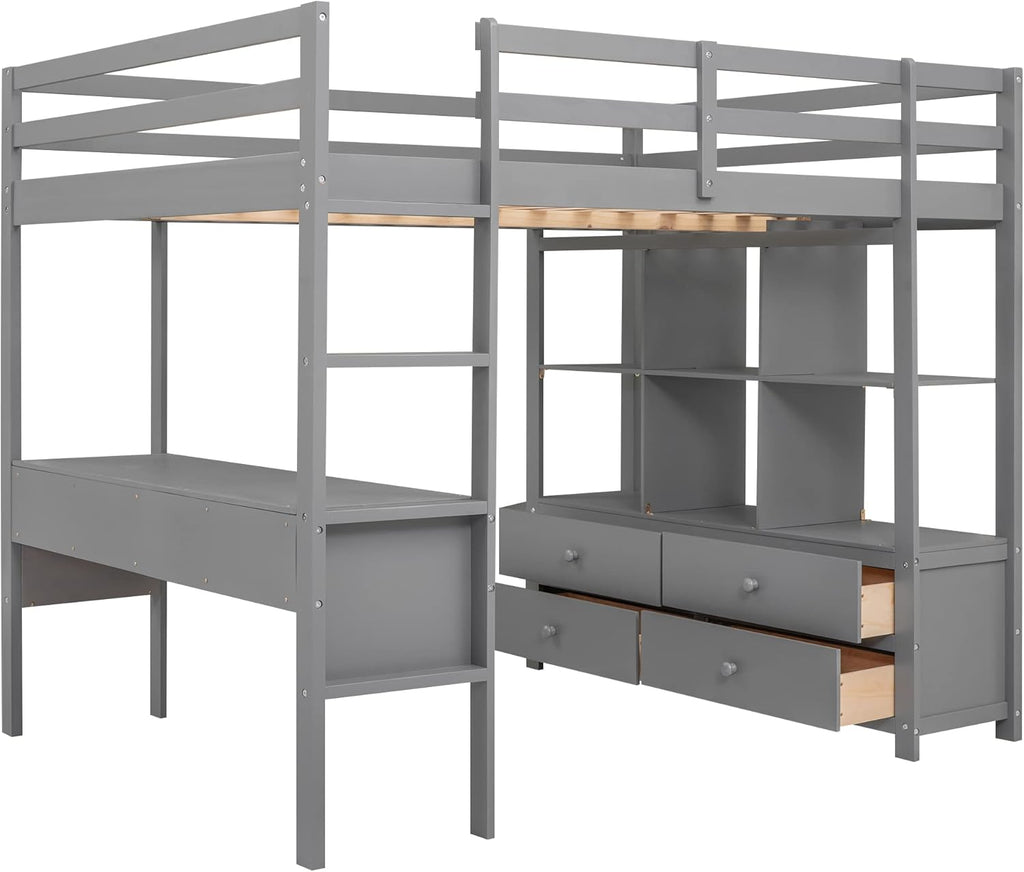 Full Size Solid Wood Loft Bed with Desk and 2 Drawers, Grey Q221564