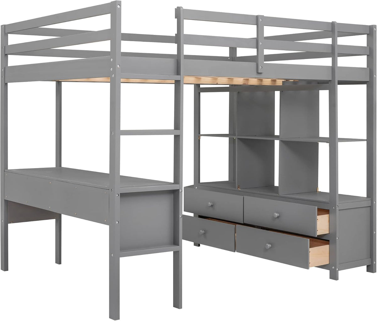 Full Size Solid Wood Loft Bed with Desk and 2 Drawers, Grey Q221564