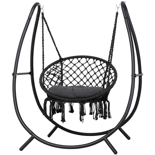 Macrame Hammock Chair with Stand, Heavy Duty Hanging Chair Stand, Includes Seat Cushion, Max 400 Lbs, Natural F25357