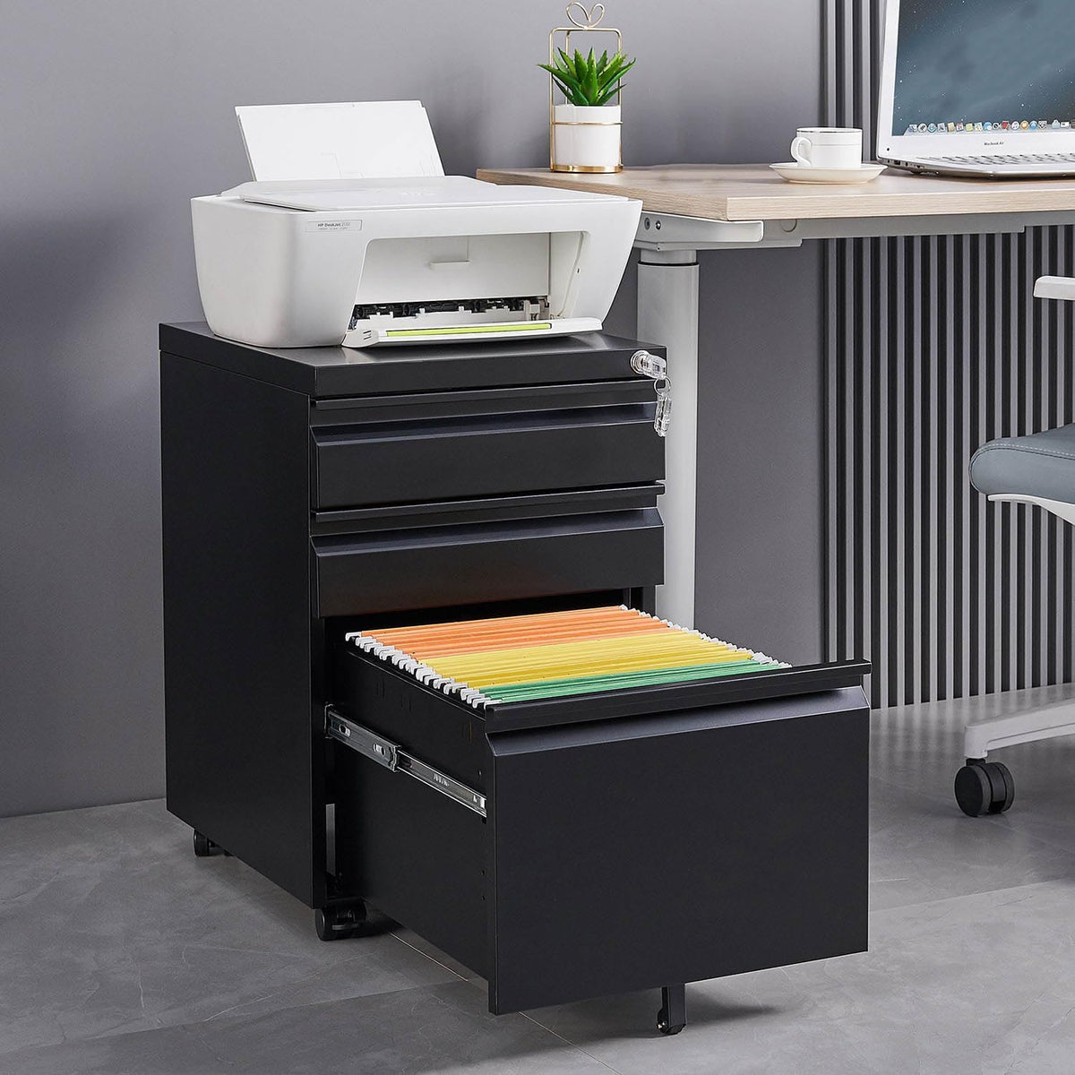 Black Steel 3-Drawer Rolling File Cabinet M48129