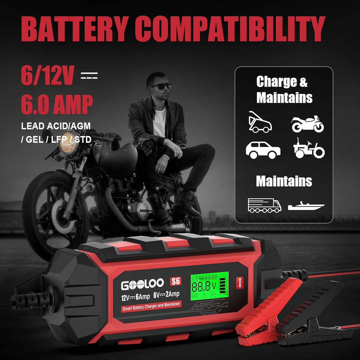 6 Amp 6V 12V Battery Charger Maintainer for Lead-Acid Battery Up to 150Ah LCD Display Pack of 2 L605