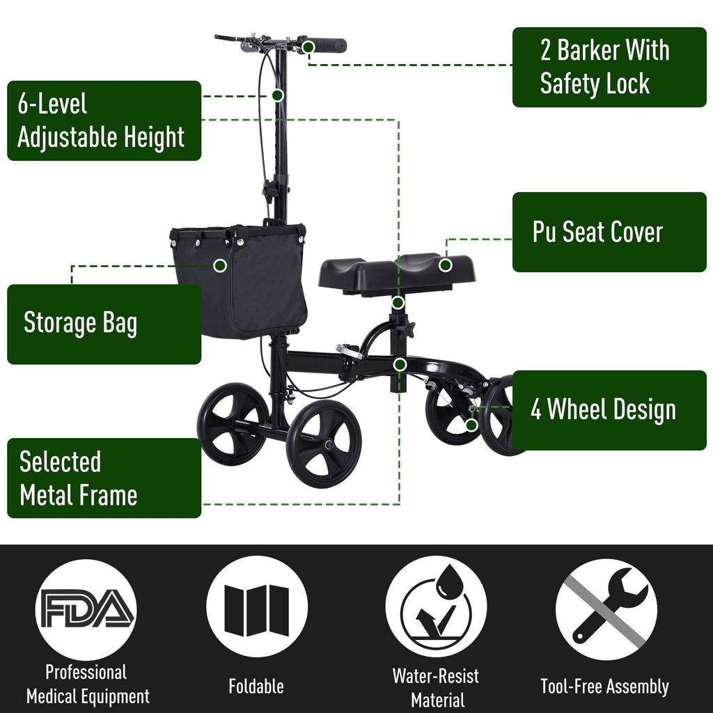 Black Foldable Knee Walker Scooter with Basket C9095