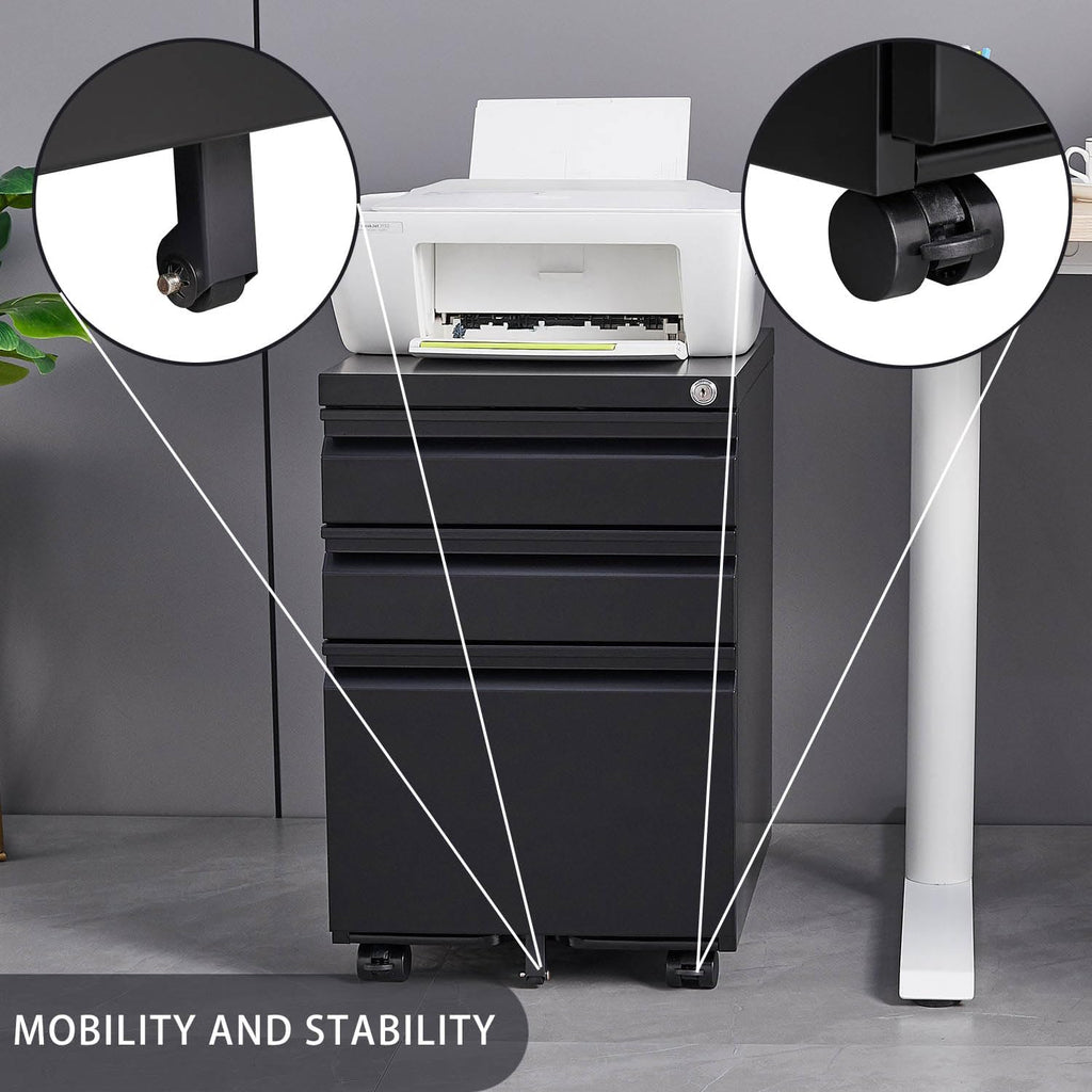 Black Steel 3-Drawer Rolling File Cabinet M48129