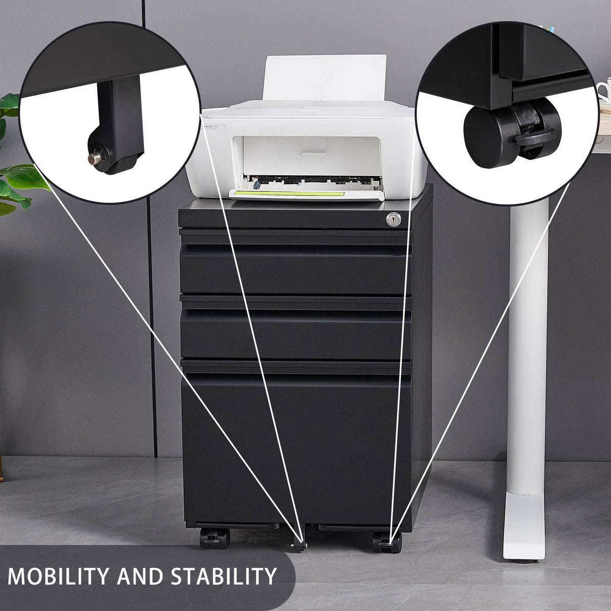 Black Steel 3-Drawer Rolling File Cabinet M48129