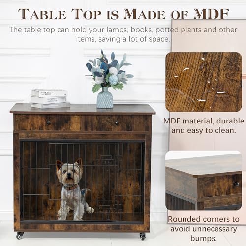 Grey 31.7" L×23.2" W×33" H Wooden Dog Crate with 2 Drawers Q75603