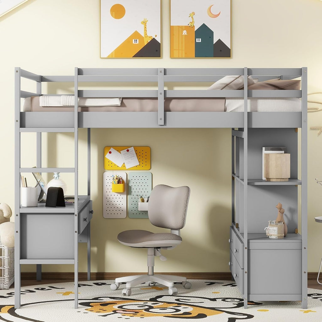 Full Size Solid Wood Loft Bed with Desk and 2 Drawers, Grey Q221564