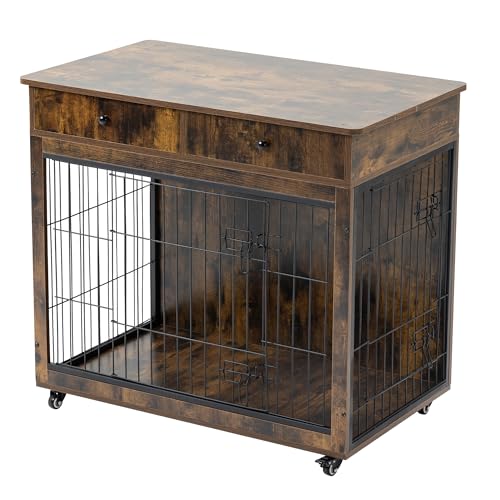 Grey 31.7" L×23.2" W×33" H Wooden Dog Crate with 2 Drawers Q75603