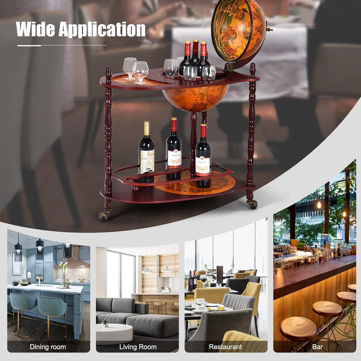 34.5’’ Wine Bar Cart with Wheels, 2 Storage Shelves, Wood Liquor Cabinet U90122