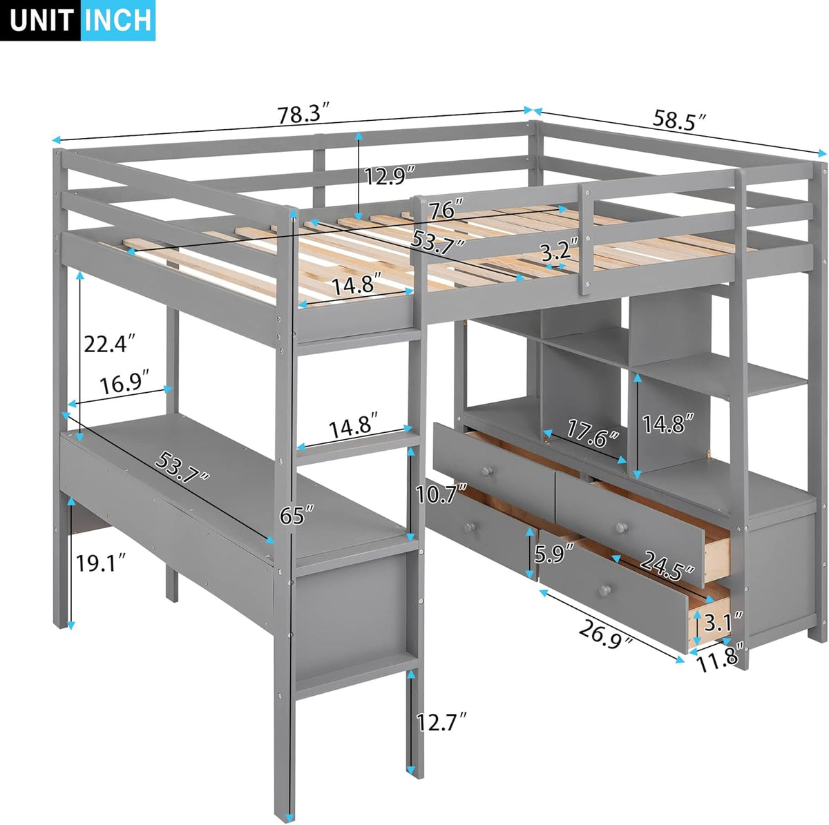 Full Size Solid Wood Loft Bed with Desk and 2 Drawers, Grey Q221564
