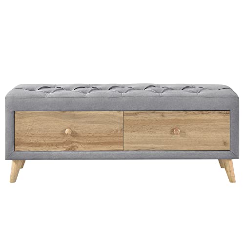 Gray Upholstered Wooden Storage Ottoman Bench with 2 Drawers D9325