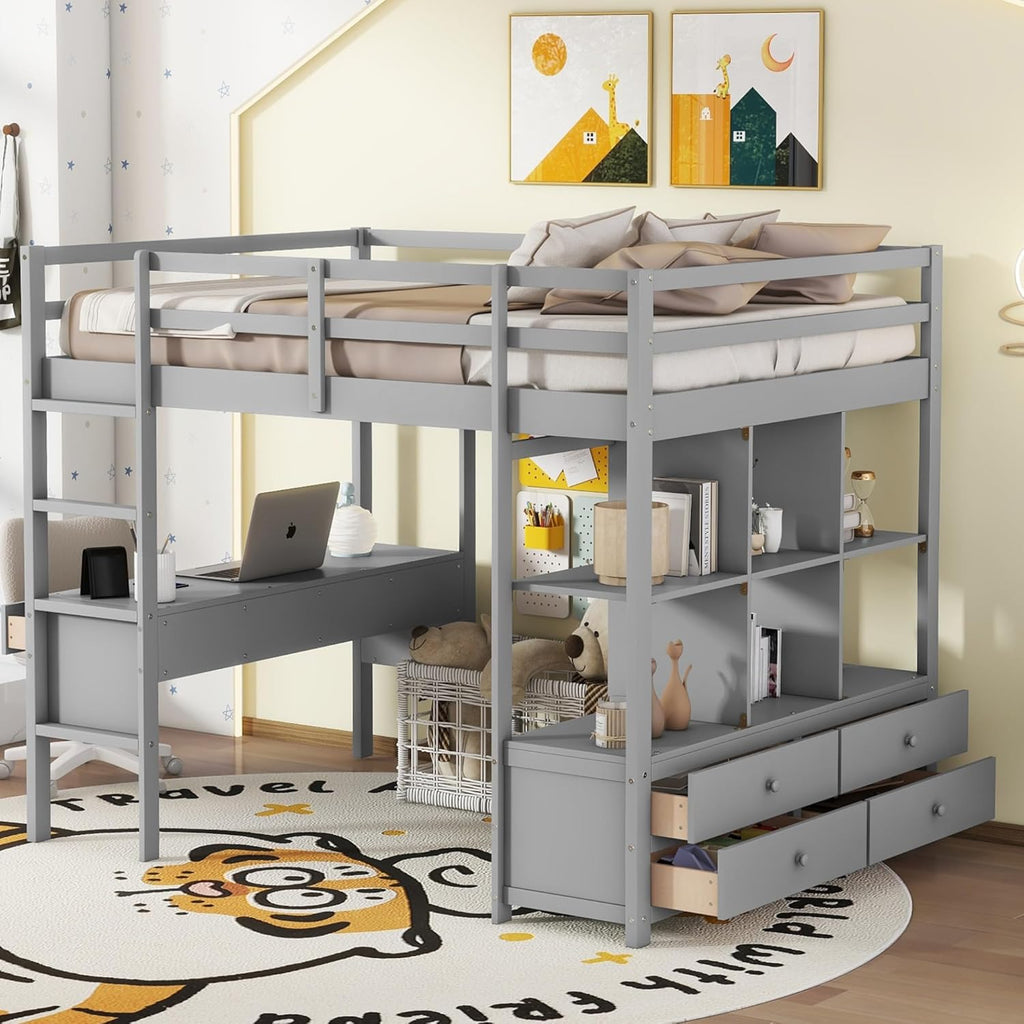 Full Size Solid Wood Loft Bed with Desk and 2 Drawers, Grey Q221564