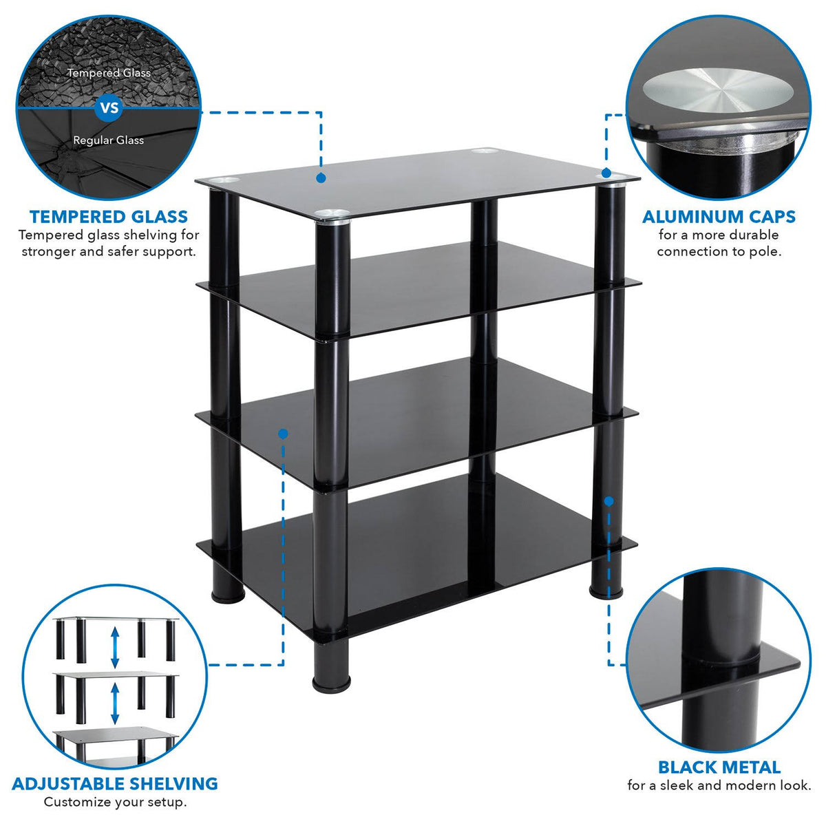 Tempered Glass 4-Tier Media Stand, Black Z15409