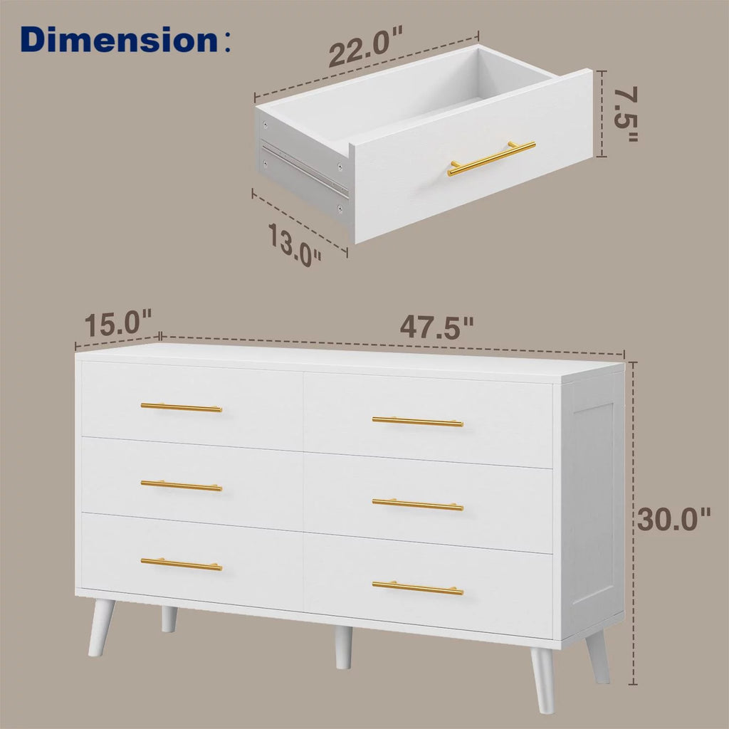 White 6 Drawer Dresser with Gold Handles B68542