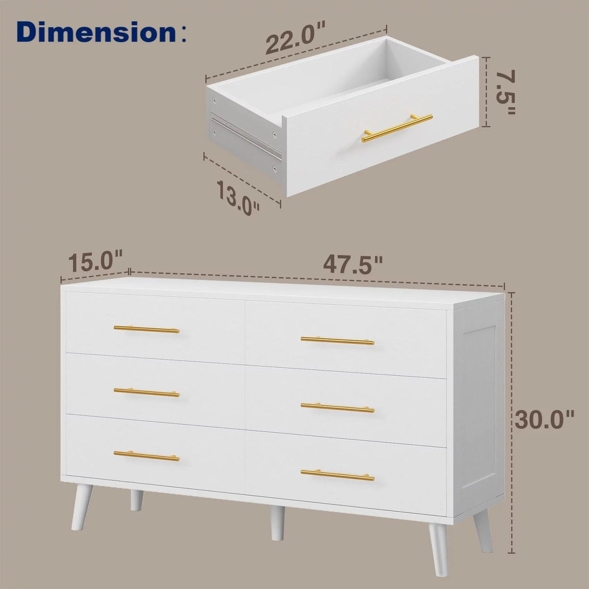 White 6 Drawer Dresser with Gold Handles B68542